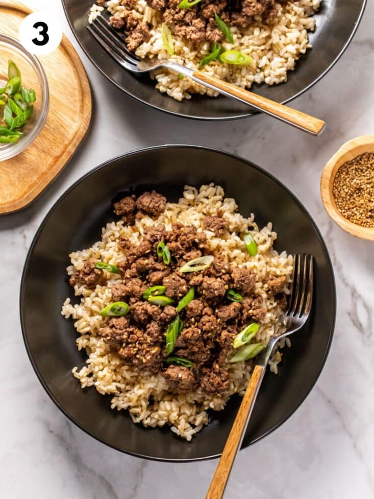 A Korean beef bowl fully assembled on the table.