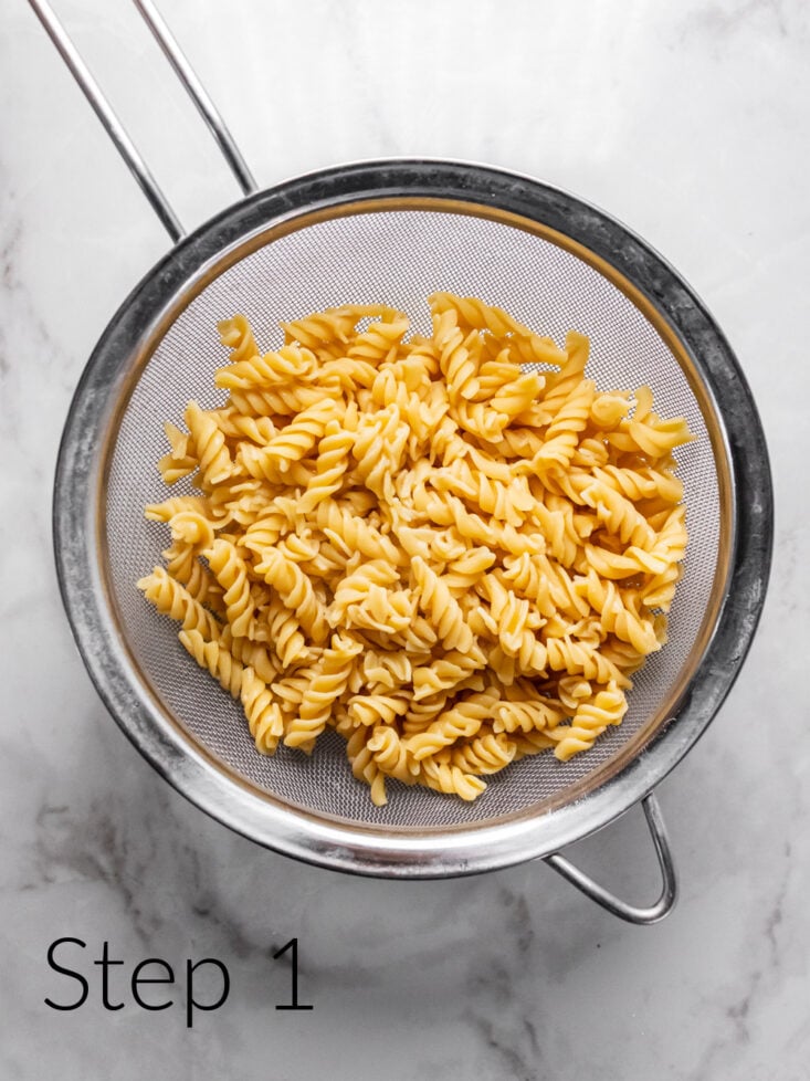 cooked pasta drained in a colander
