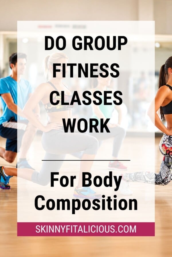 Women participating in a group fitness class with an instructor, performing lunges in a fitness studio for fat loss and body composition.