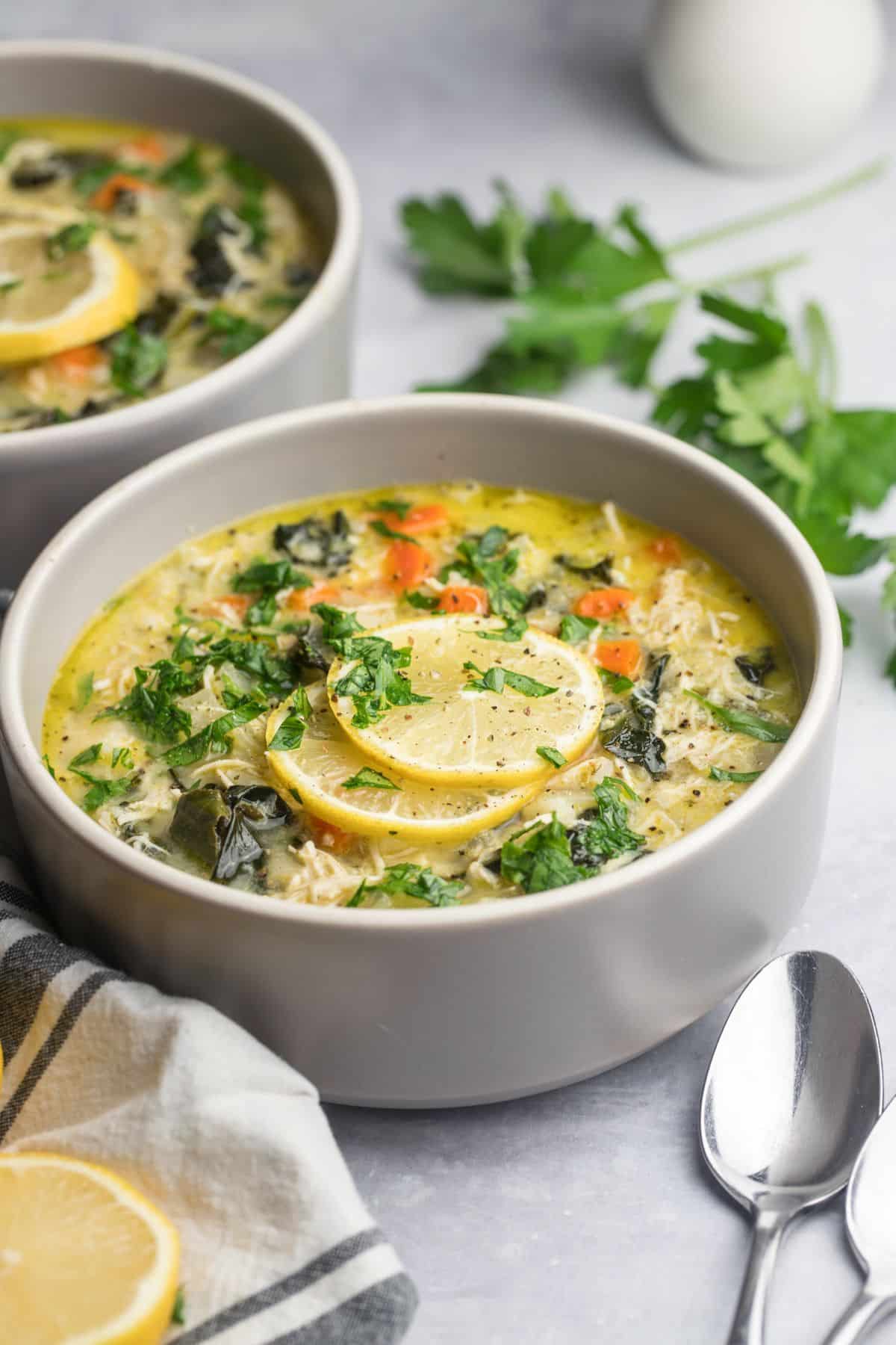 Greek lemon chicken soup in a bowl.