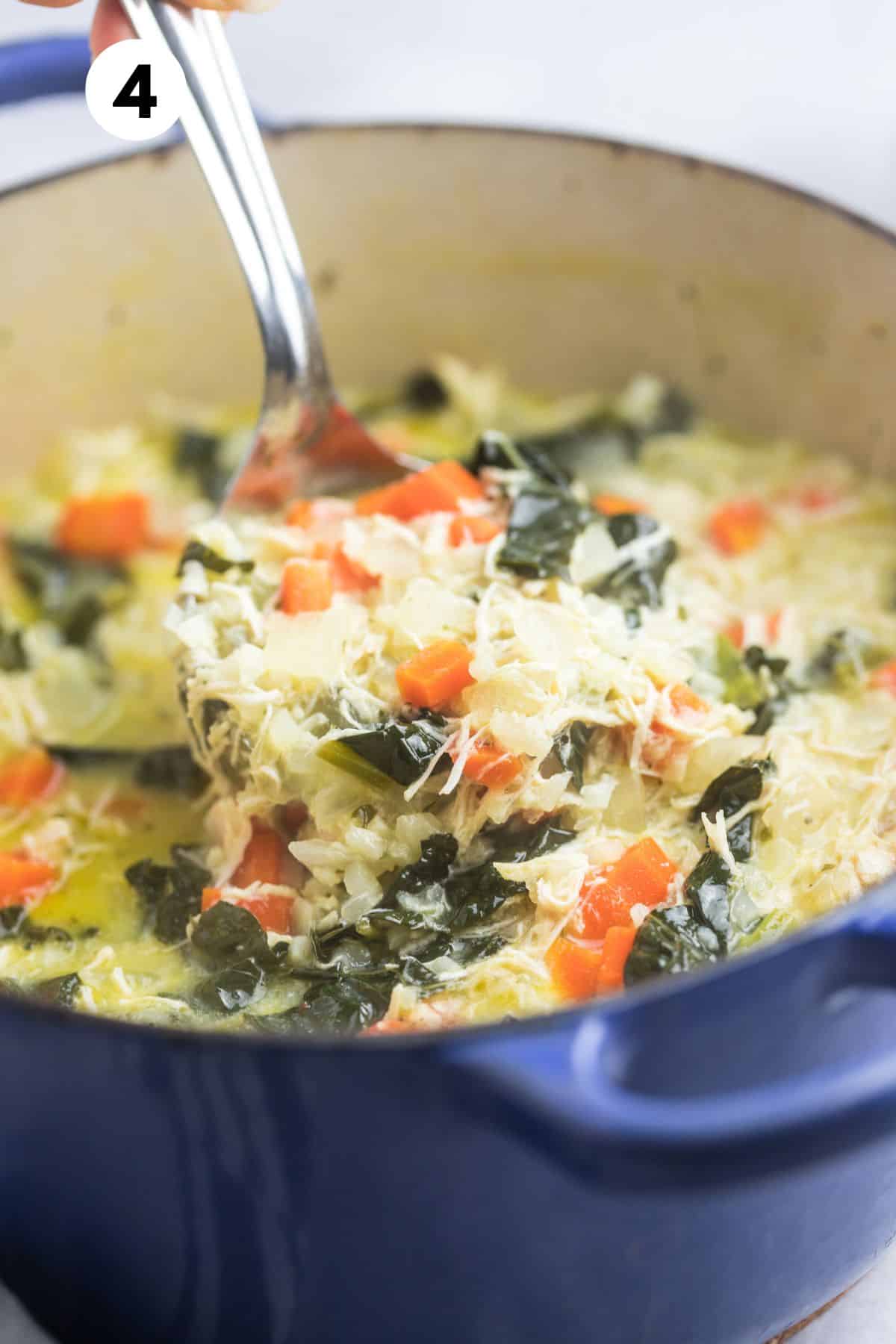 Cooked Greek lemon soup in a pot ready to serve.