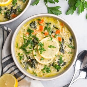 Greek lemon chicken soup in a bowl.