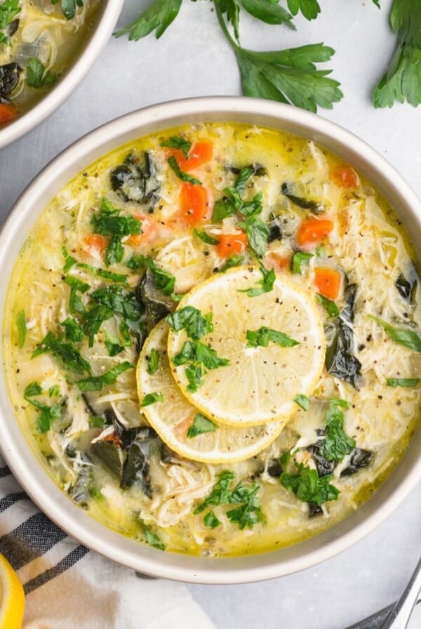 Greek lemon chicken soup in a bowl.