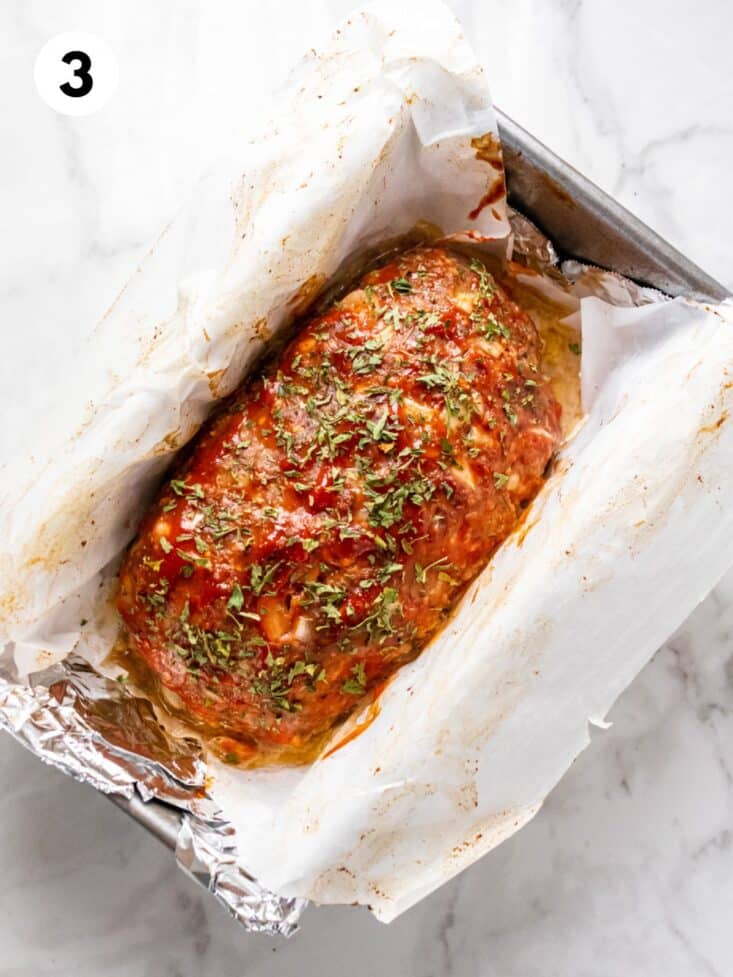Baked healthy meatloaf in the pan after baking.