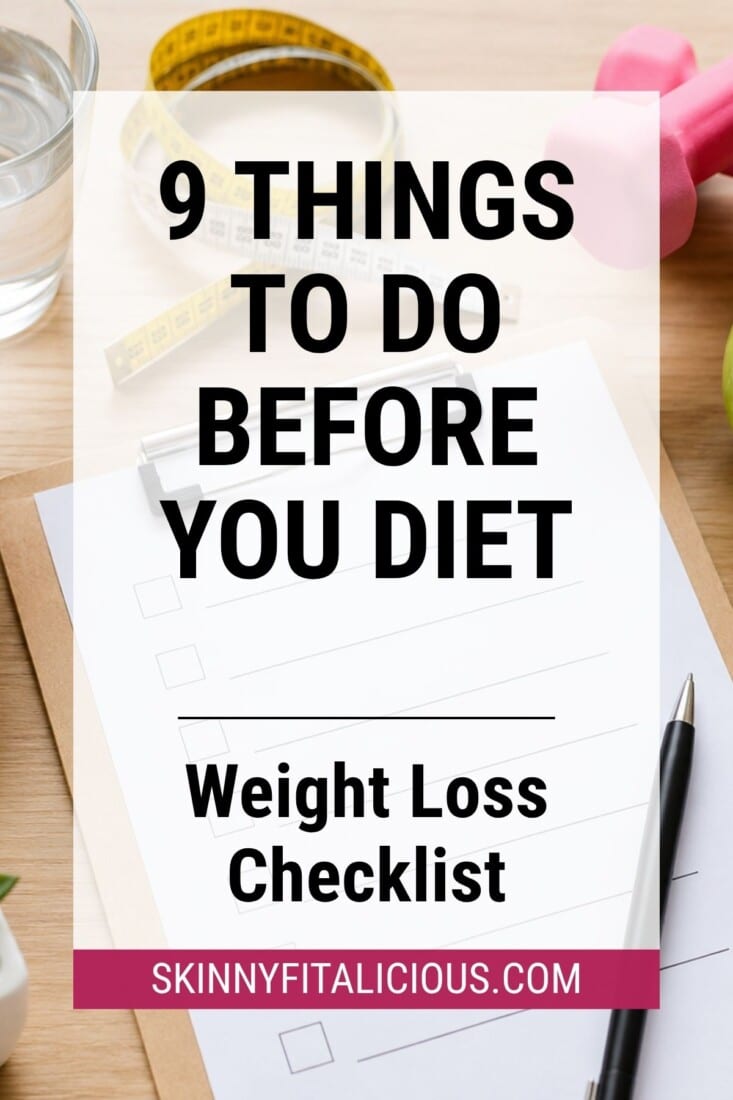 Weight loss checklist with a measuring tape and dumbbells.