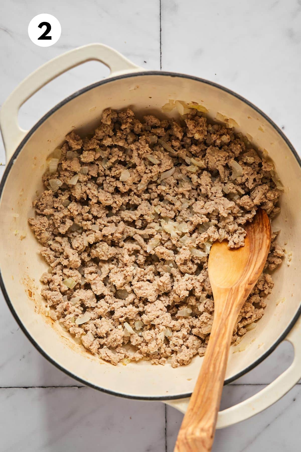 Browned ground turkey cooked with the onions and garlic.