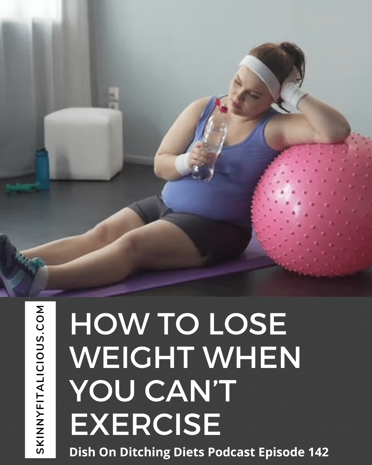 woman sitting on the floor in her exercise clothes leaning up against a pink exercise ball.