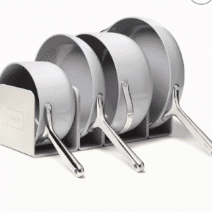 gray pans and pots in a line.