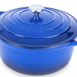 bright blue cast iron Dutch oven