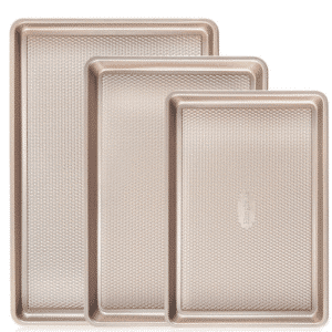 3 gold baking pans.