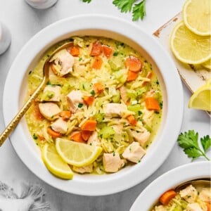 A bowl of chicken orzo soup with a spoon resting in the bowl.