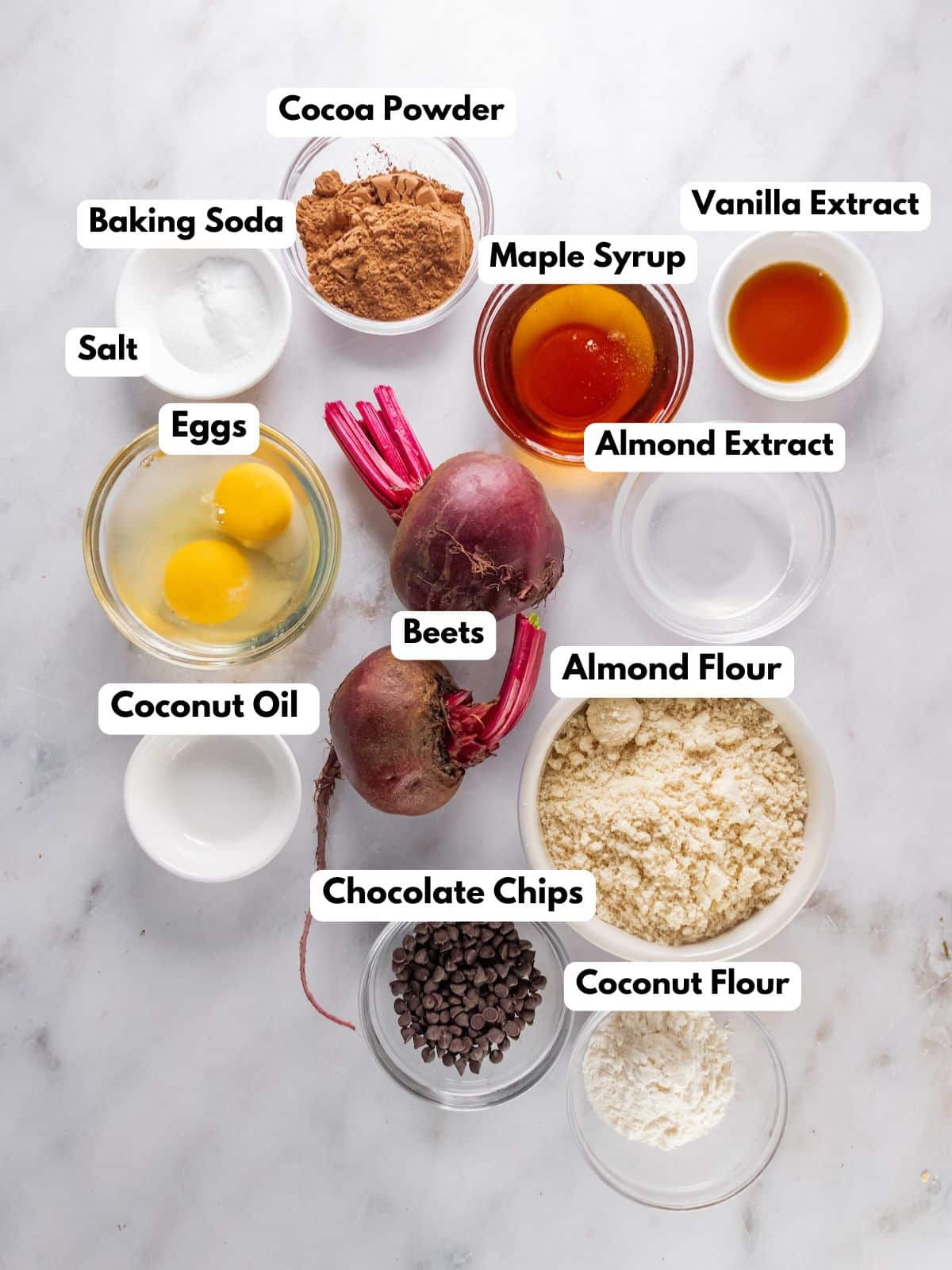 Ingredients to make these beet brownies on the table.