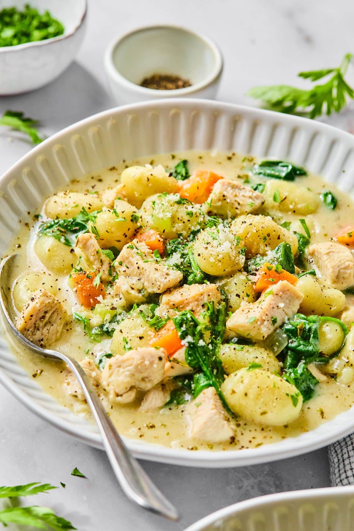 A bowl of creamy gnocchi soup with some parsley scattered around.
