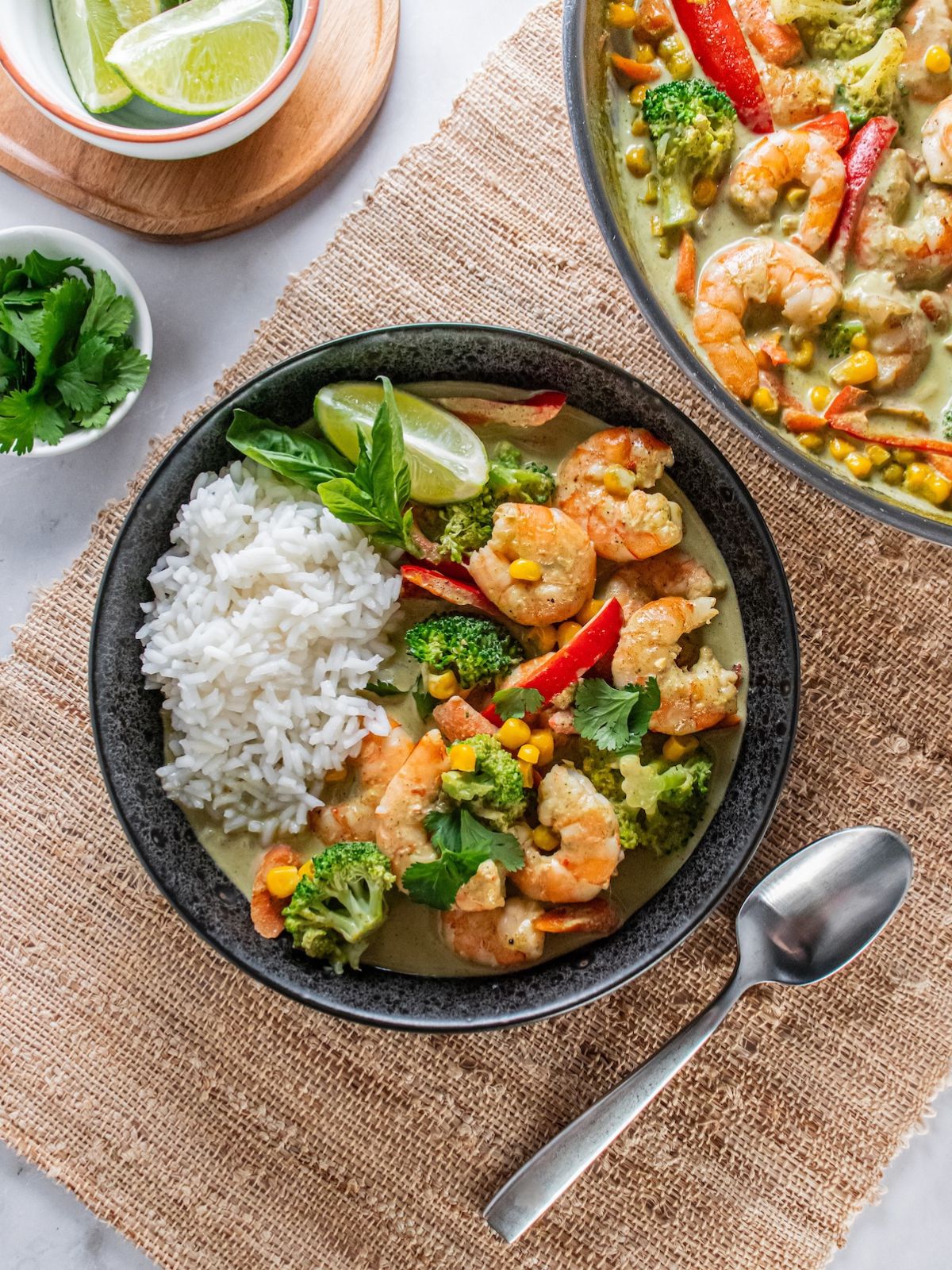 A bowl of shrimp curry with a side of rice and dish of green onions for garnish.