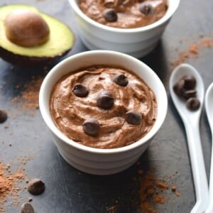 A ramekin filled with healthy chocolate avocado mousse.