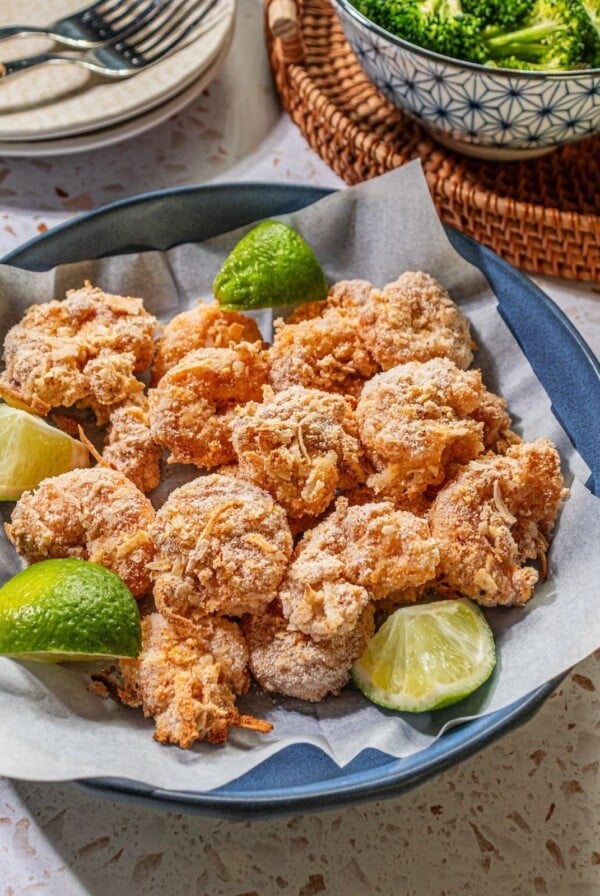 Baked coconut shrimp in a bowl.