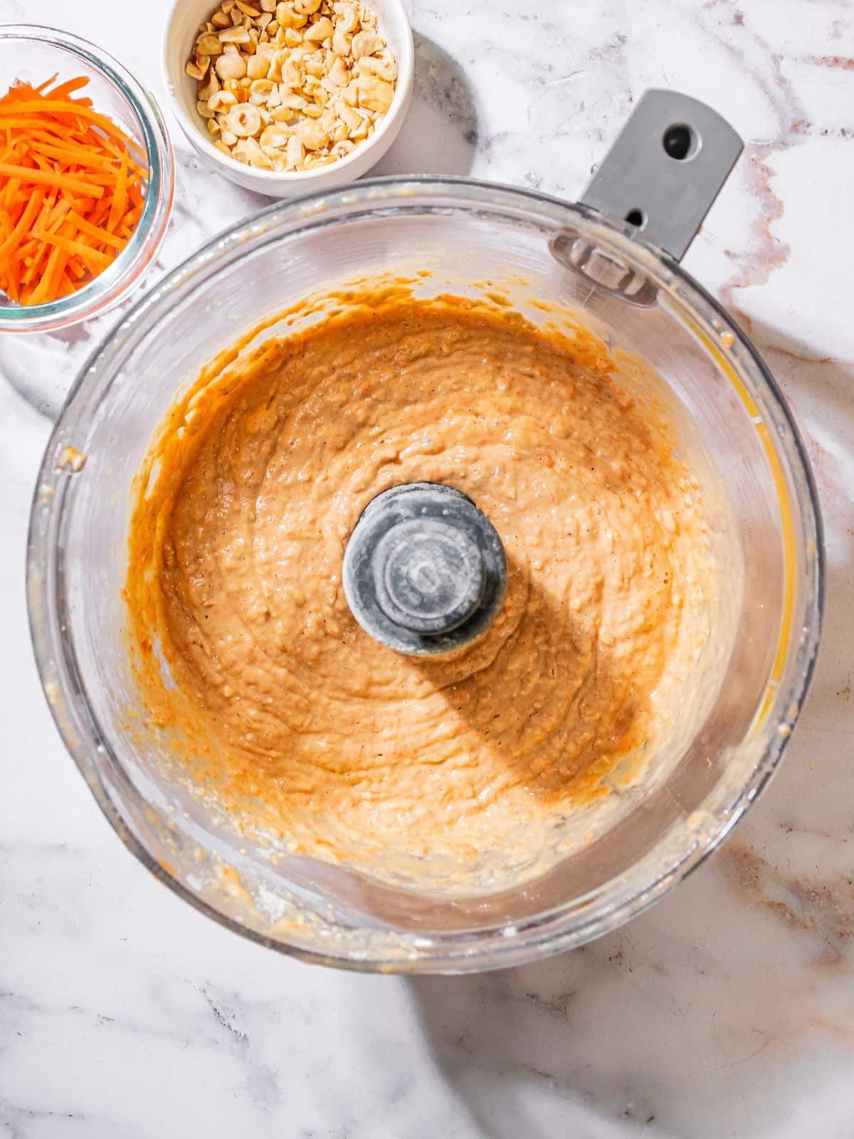 All the ingredients in a food processor.