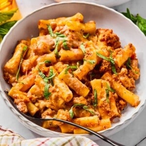 Cottage cheese baked ziti in a bowl.