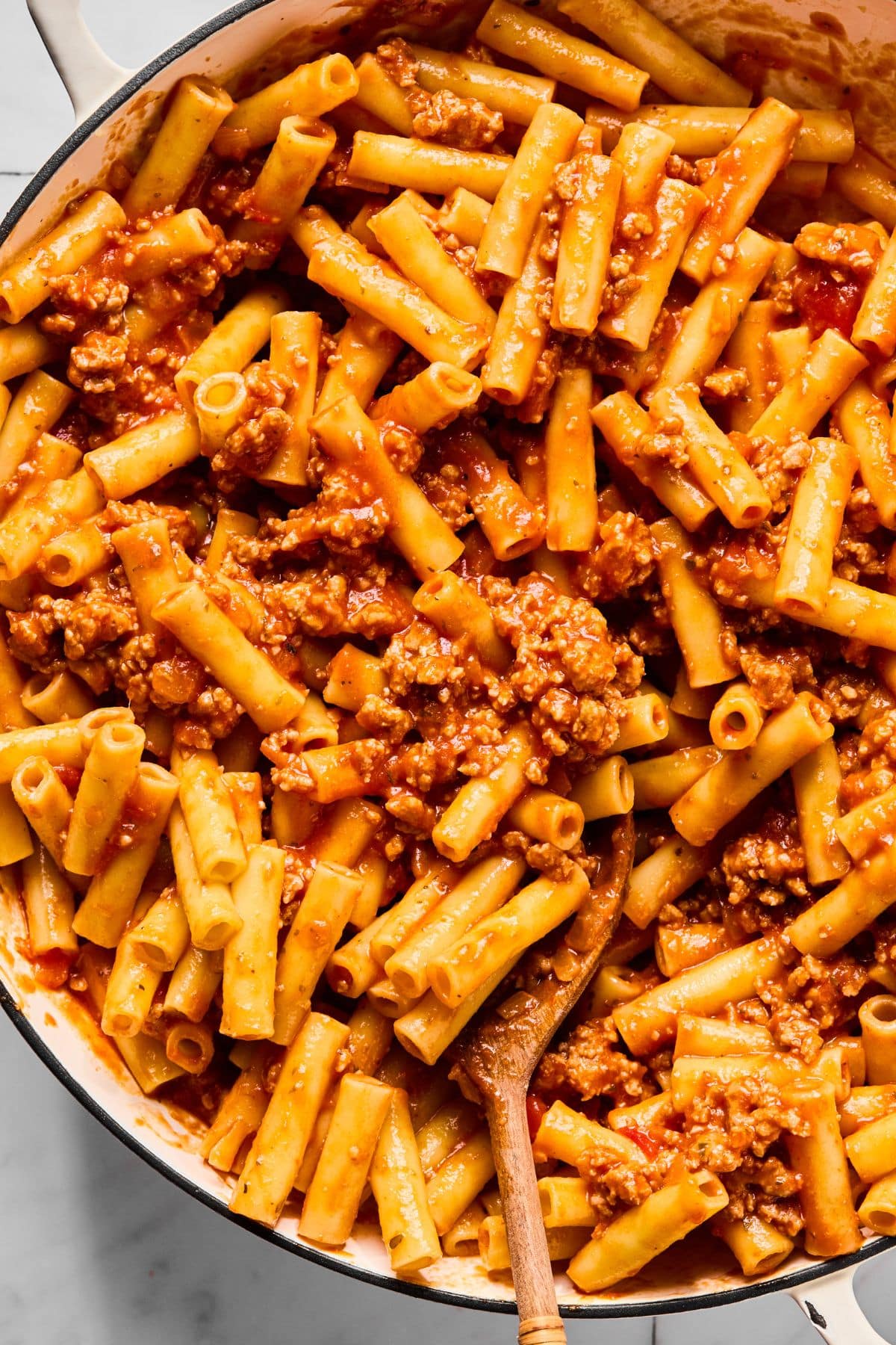 Pasta added to the turkey and sauce mixture.