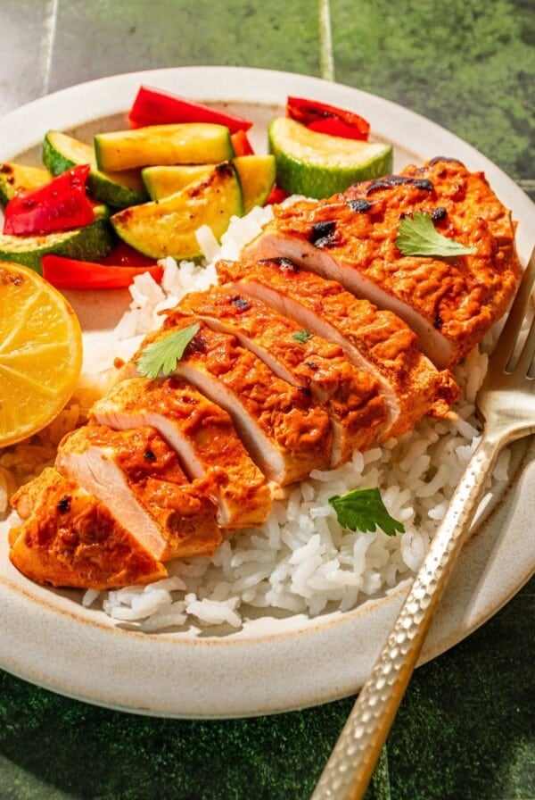 Greek yogurt chicken over rice.