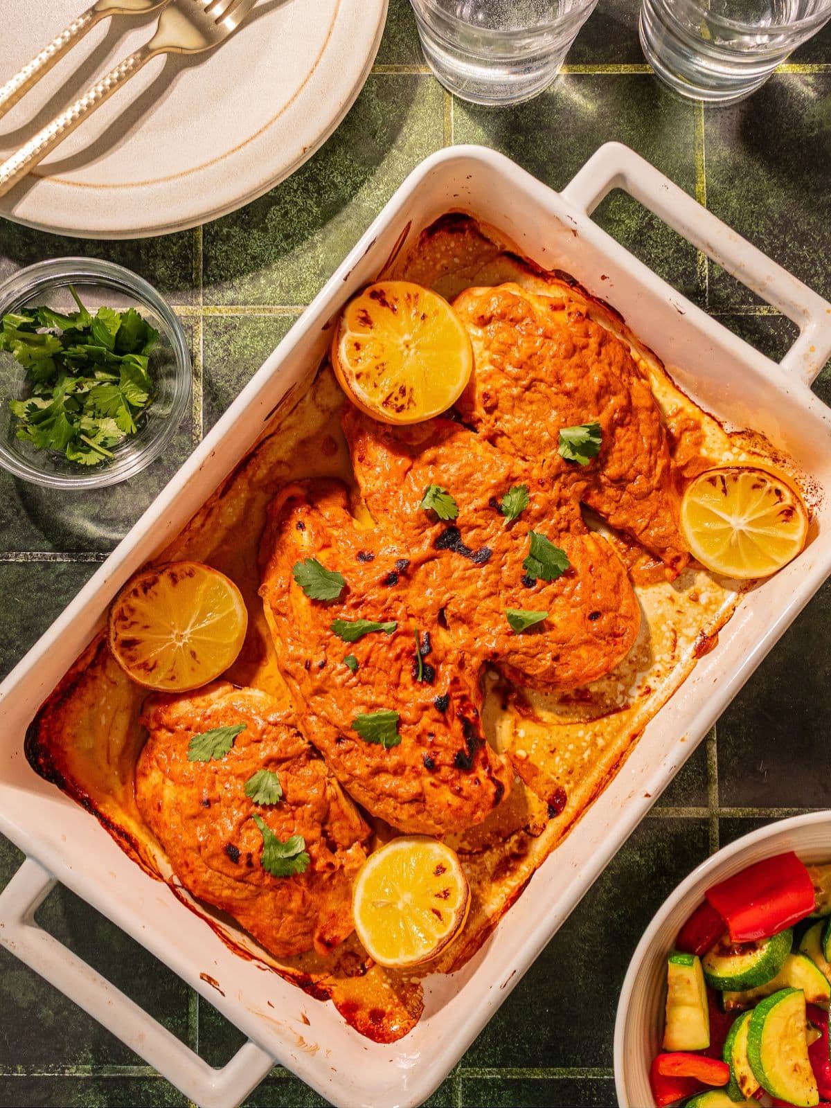 Greek yogurt chicken in a casserole dish.