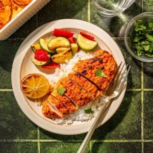 Greek yogurt chicken, sliced up on a plate.