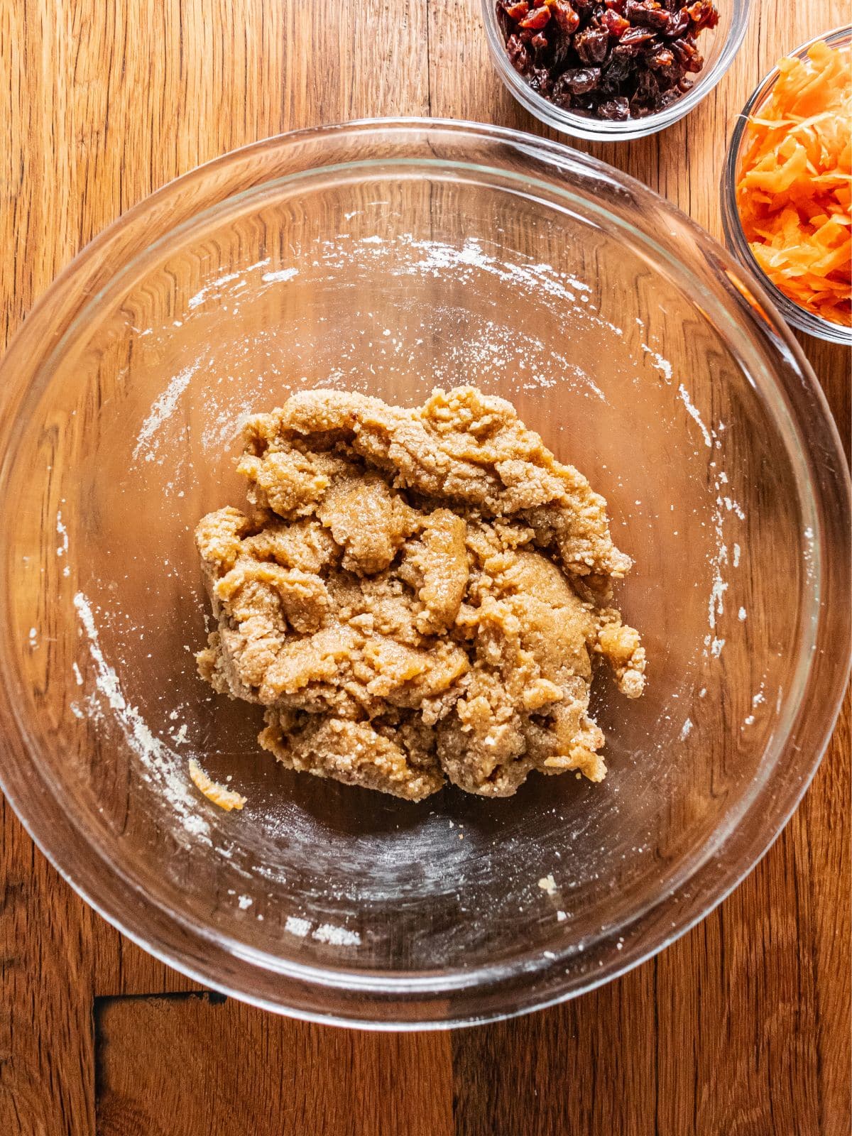 Almond flour, baking soda, cinnamon, nutmeg, and salt added to the wet ingredients.