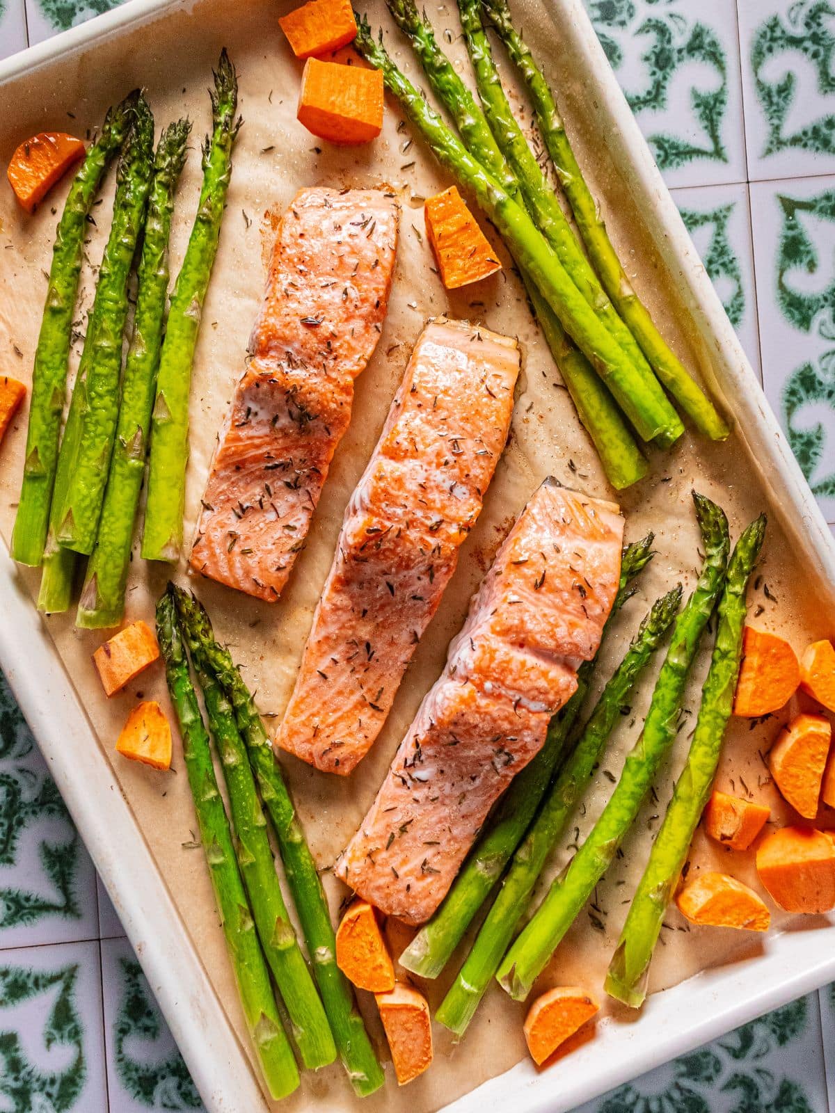 Salmon, asparagus and sweet potatoes cooked.