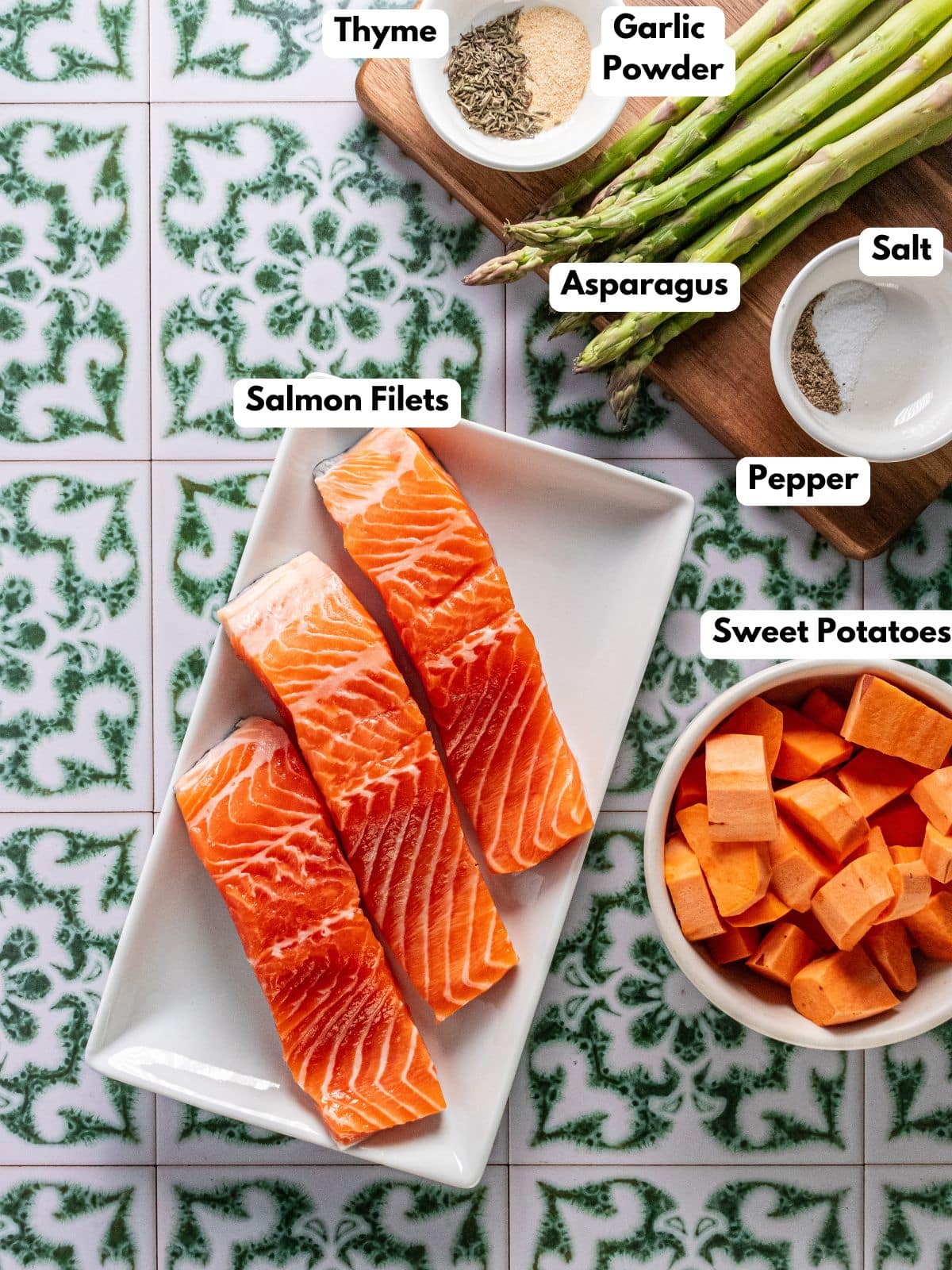 Ingredients to make sheet pan salmon on a table.