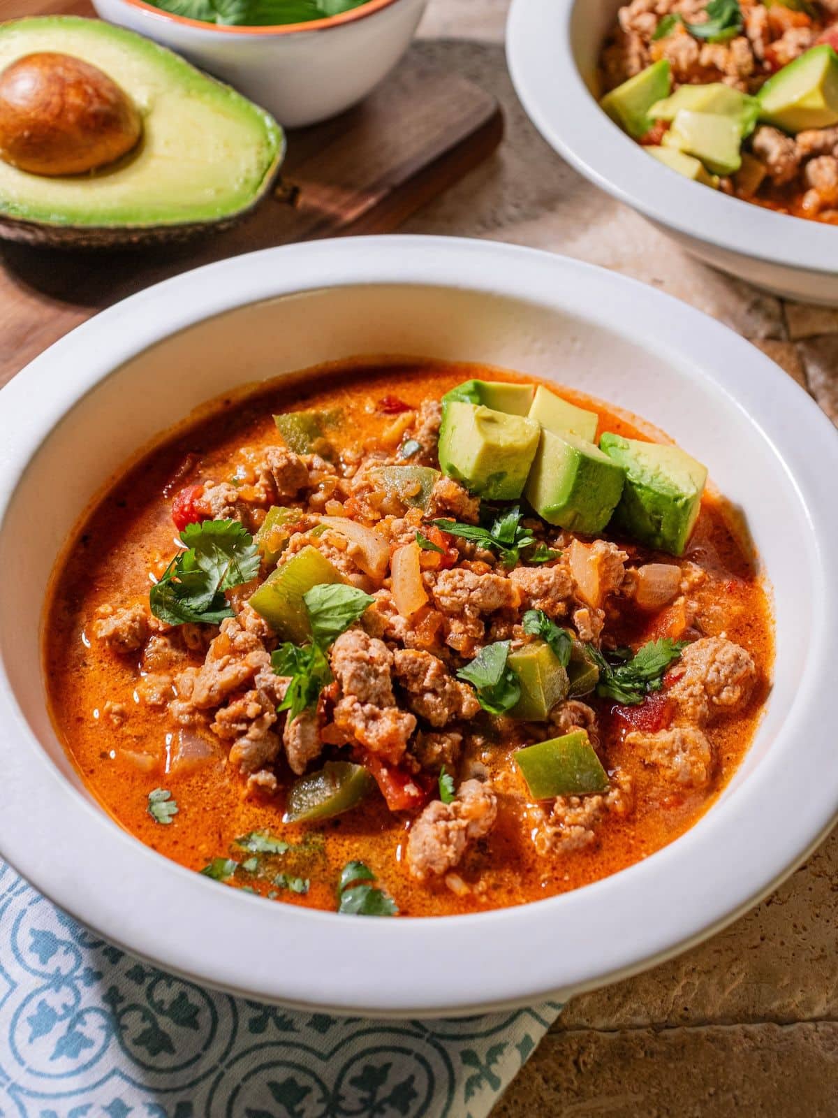 Taco soup with guacamole.