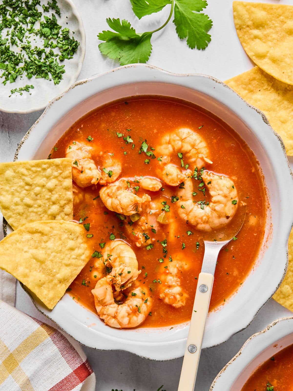 Shrimp soup with tortilla chips on the side.