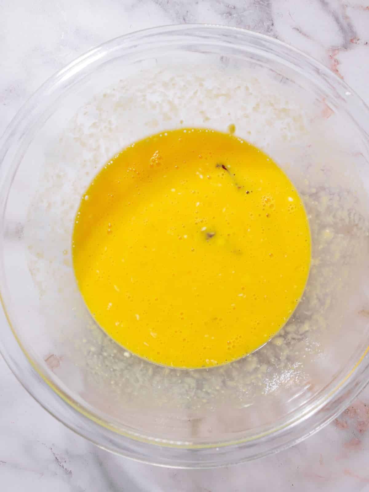 Wet ingredients in a bowl.