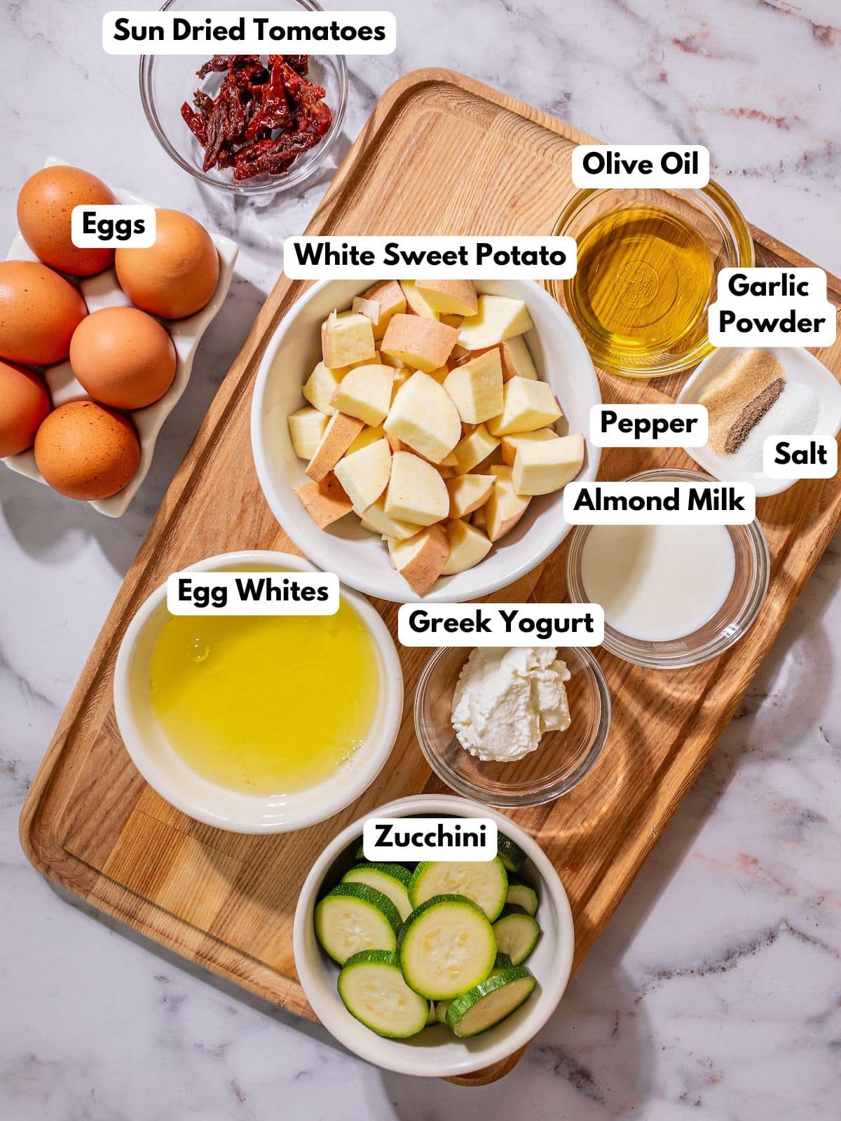 Ingredients to make this egg and sweet potato casserole.