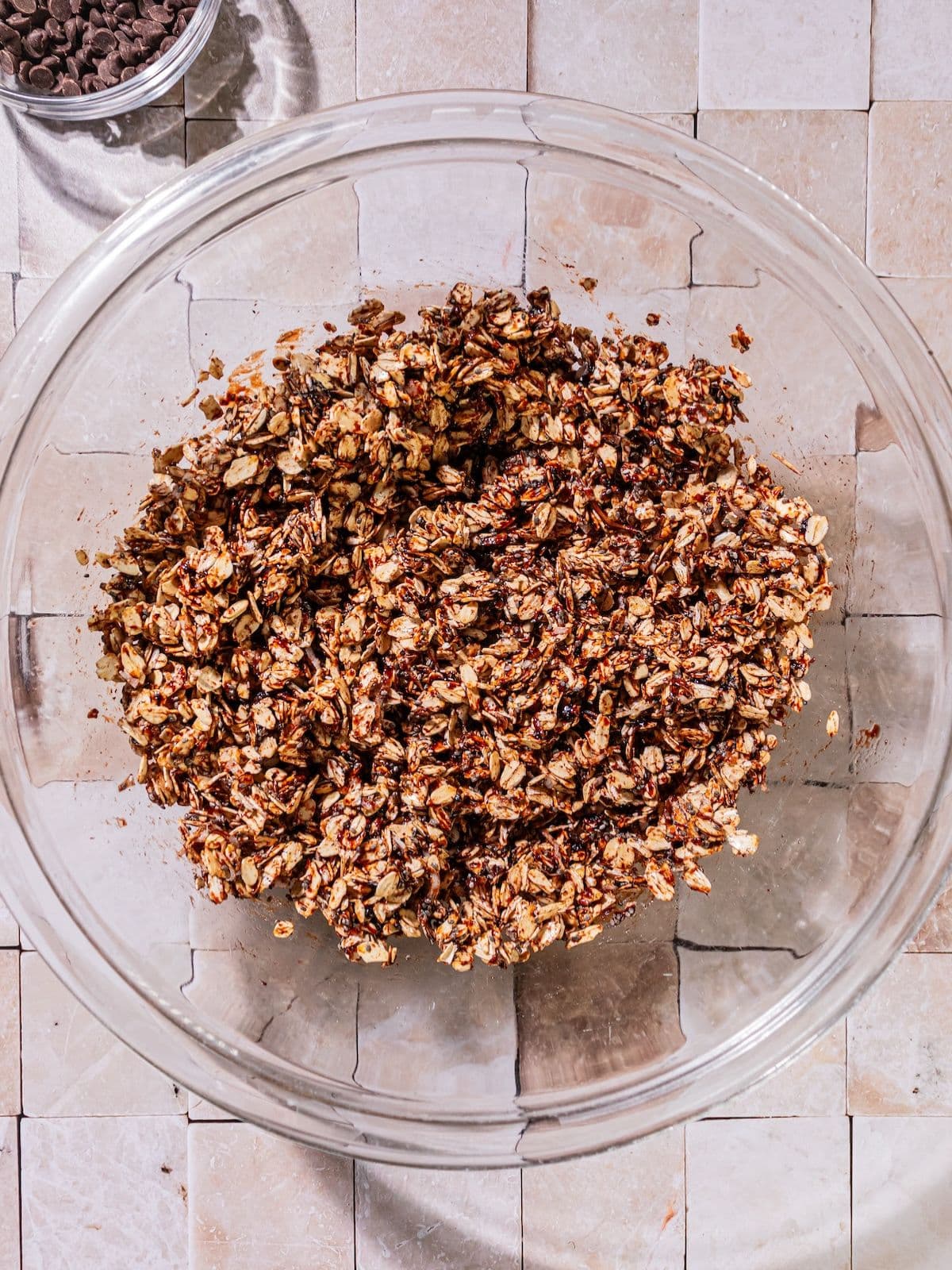 Oats, chia and shredded coconut in a bowl.