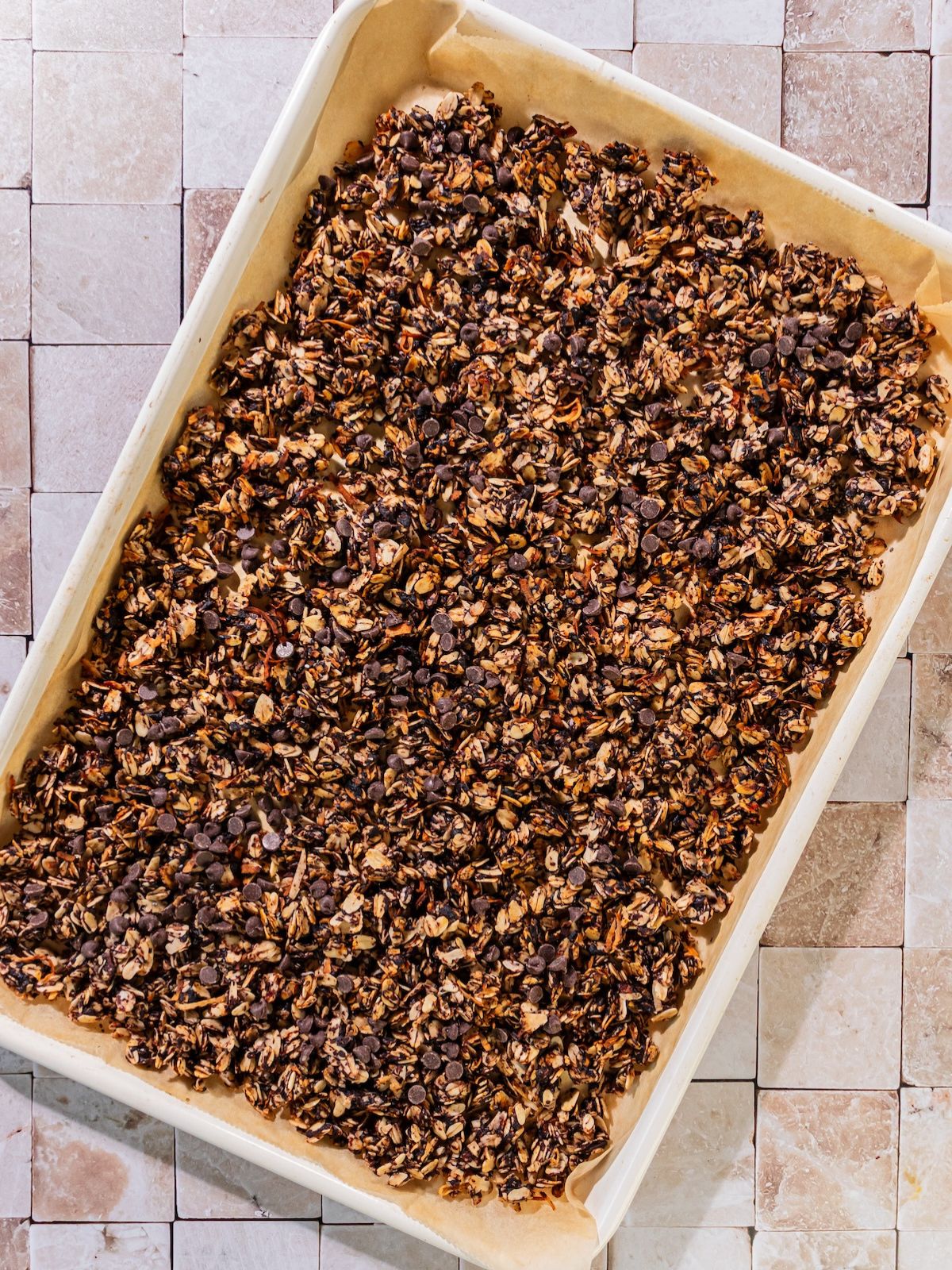 The granola baked, and the chocolate chips added.