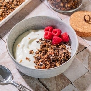 A bowl filled with yogurt, chocolate granola, and raspberries.