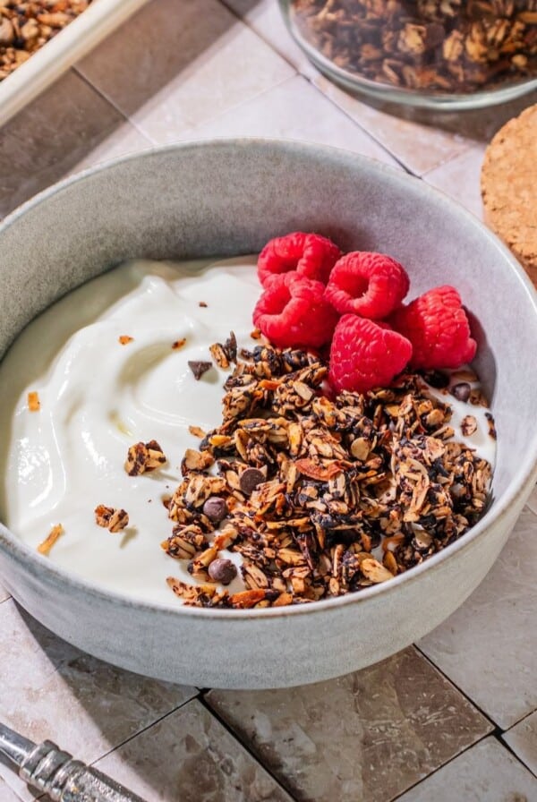 A bowl filled with yogurt, chocolate granola, and raspberries.