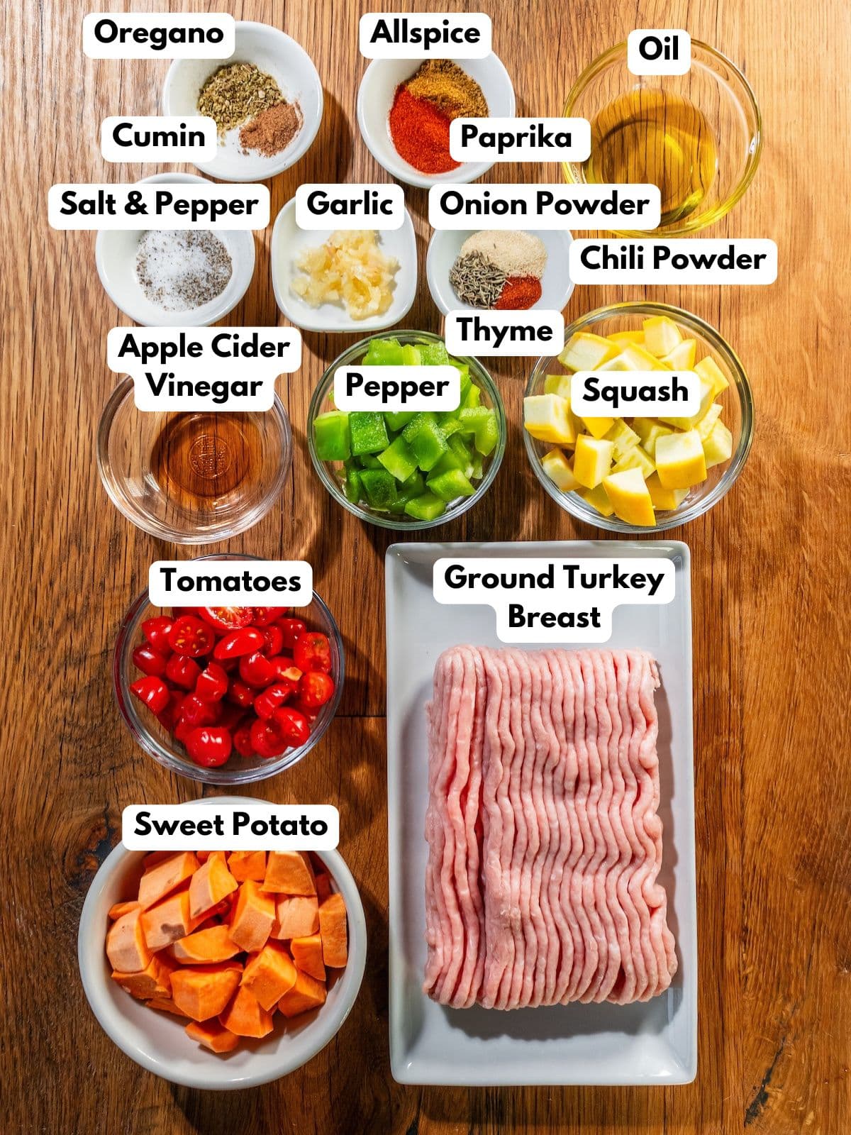 Ingredients to make this healthy chorizo hash in bowls on a table.