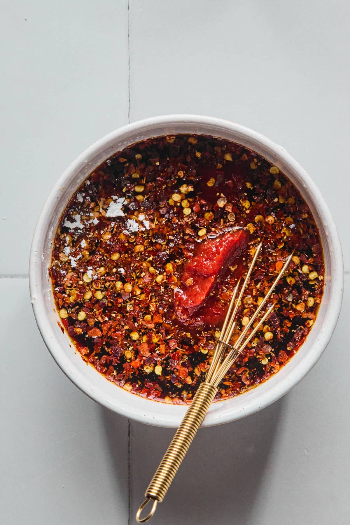 Ingredients for the General Tso's sauce mixed in a bowl.