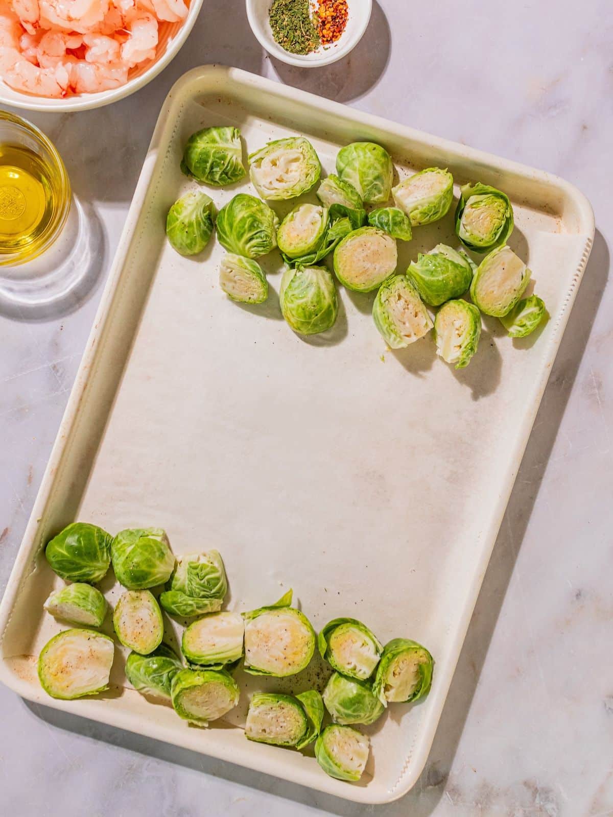Brussels sprouts on a sheet pan.