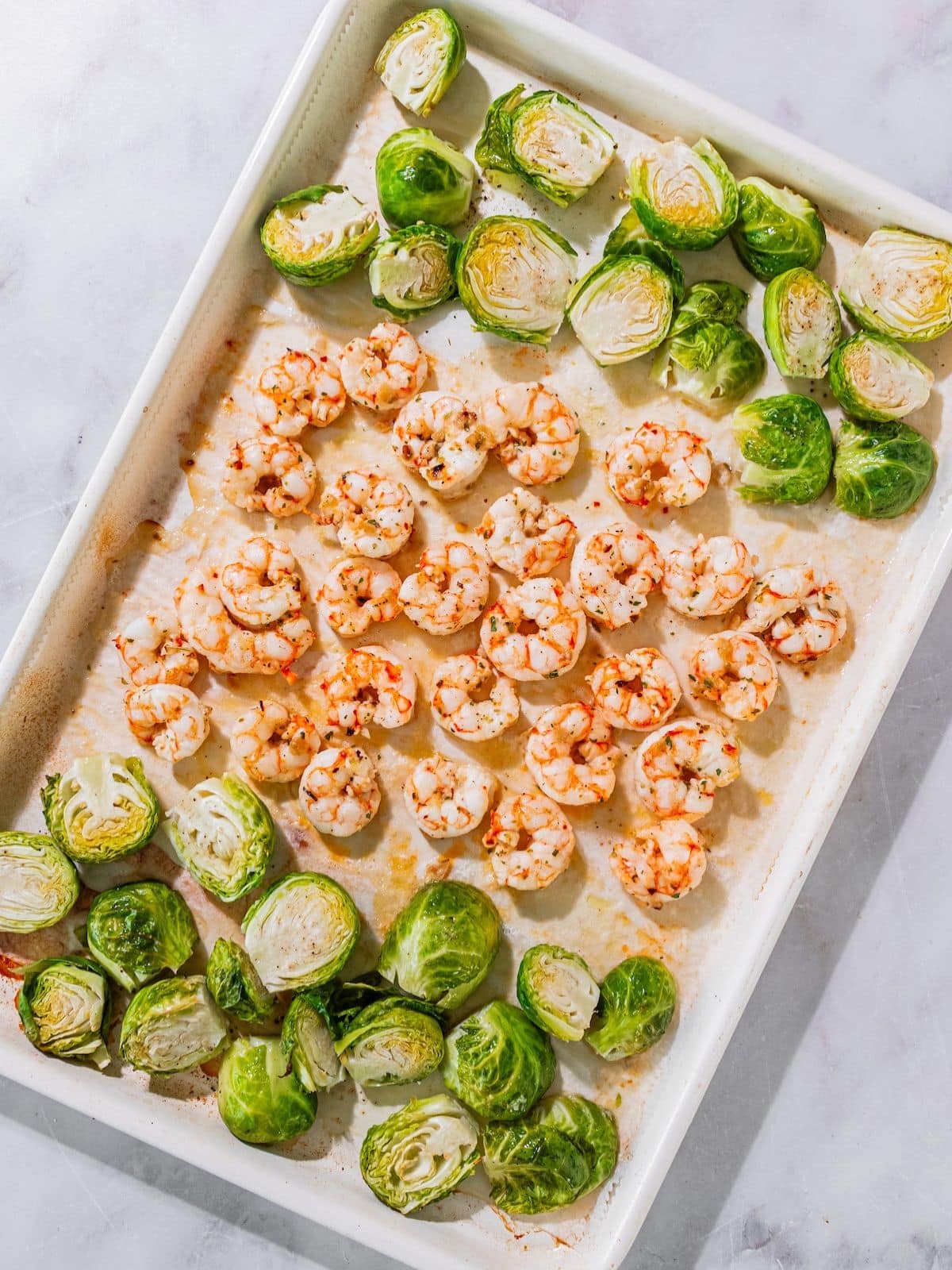 Shrimp and brussels sprouts cooked.