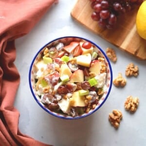 A bow filled with healthy waldorf salad.