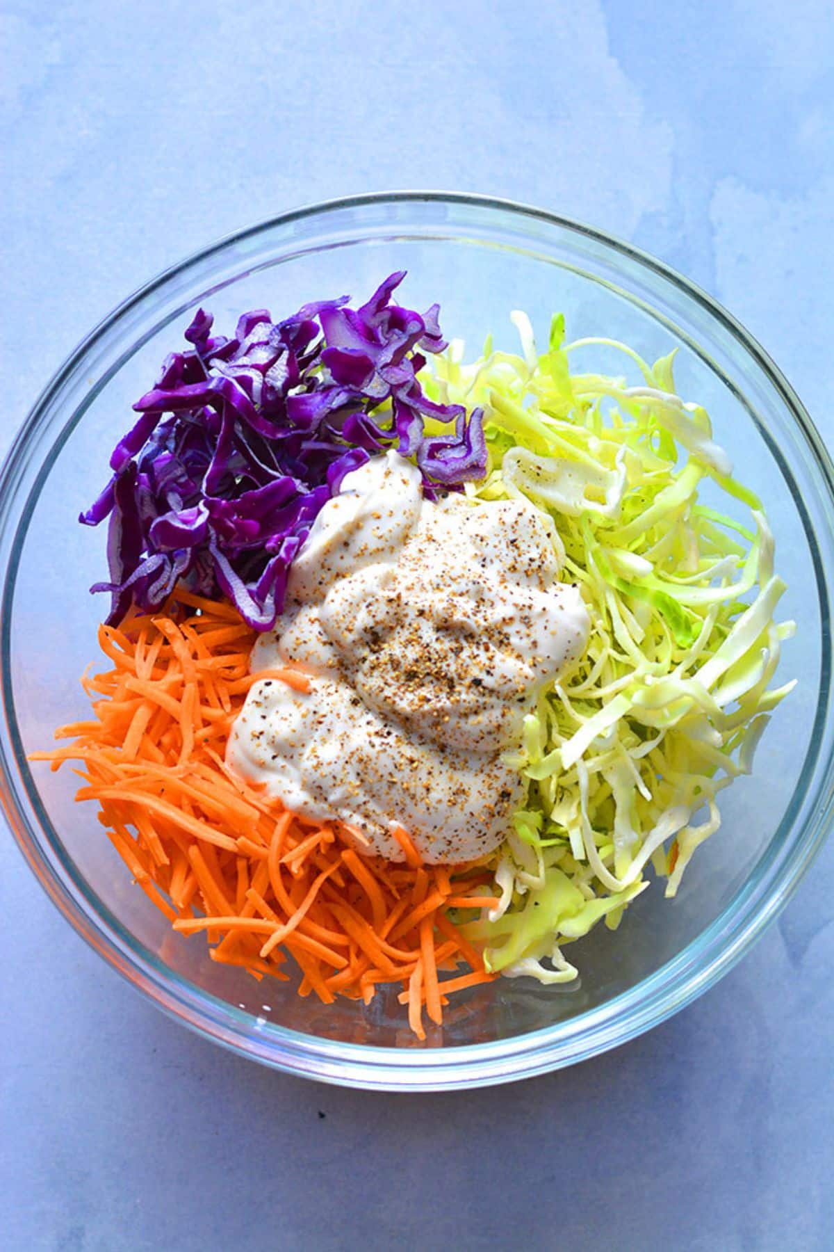 All the ingredients to make this cole slaw in a mixing bowl.