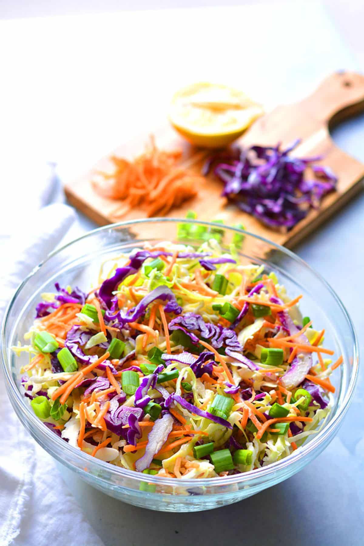 A bowl filled with low calorie coleslaw.