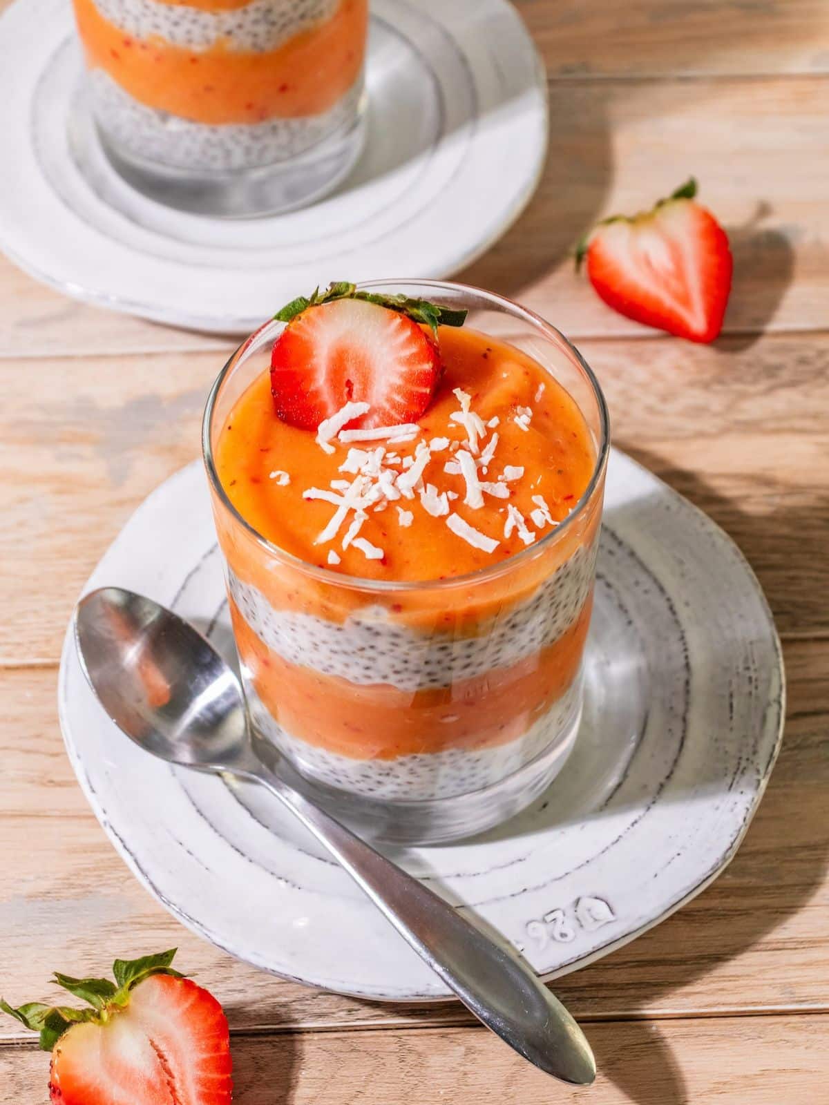 Mango chia pudding in a cup.