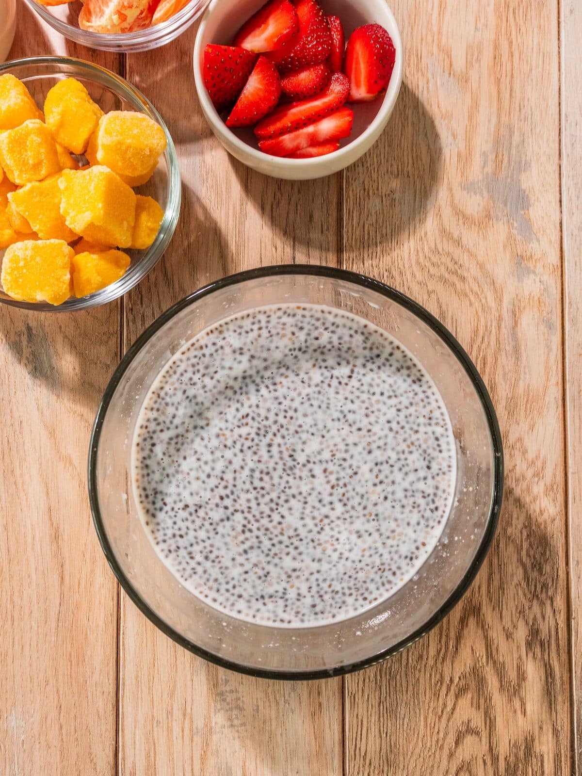 Chia seeds with almond milk mixed in a bowl.