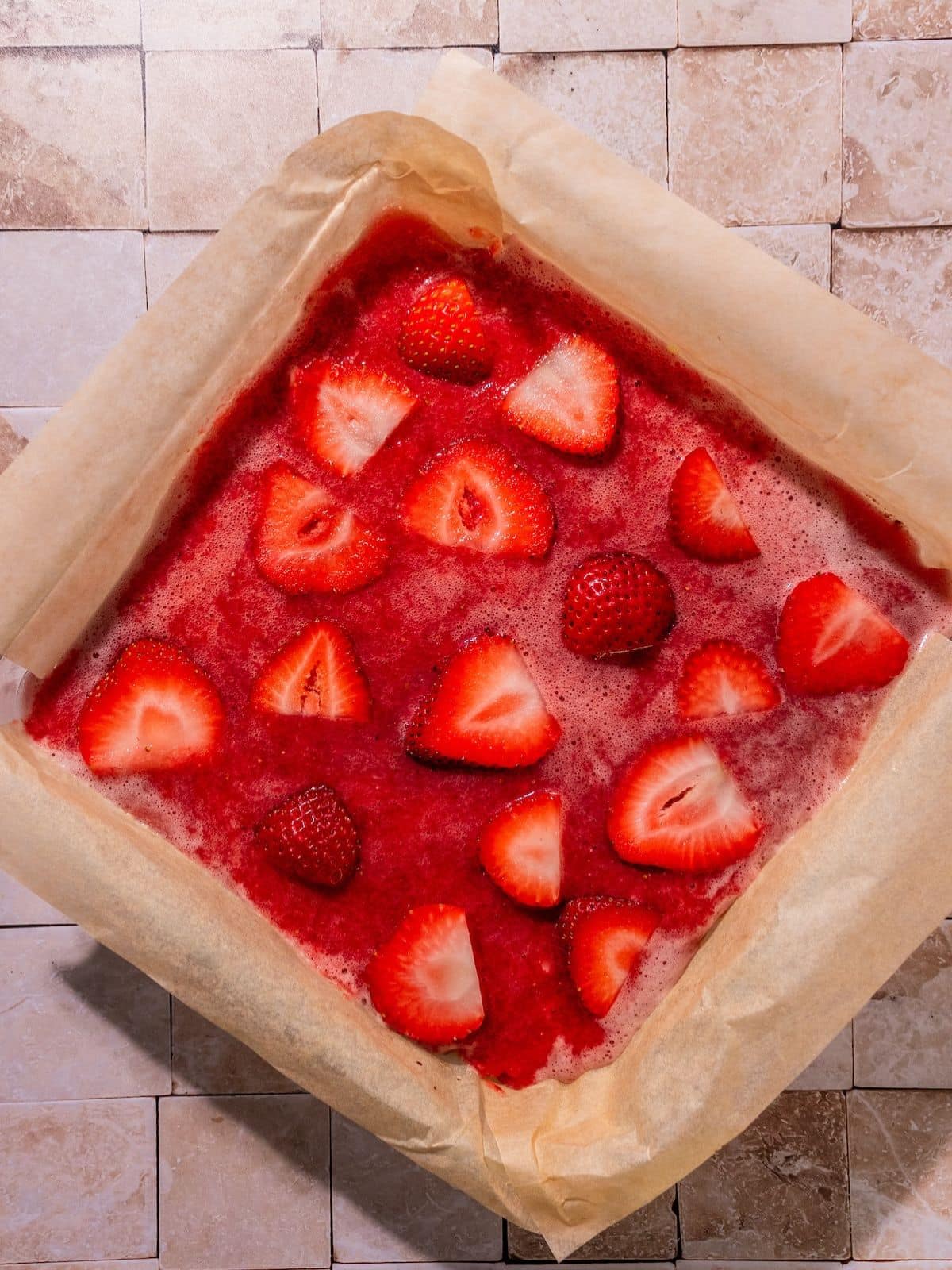 Strawberries added on top and put in the fridge.