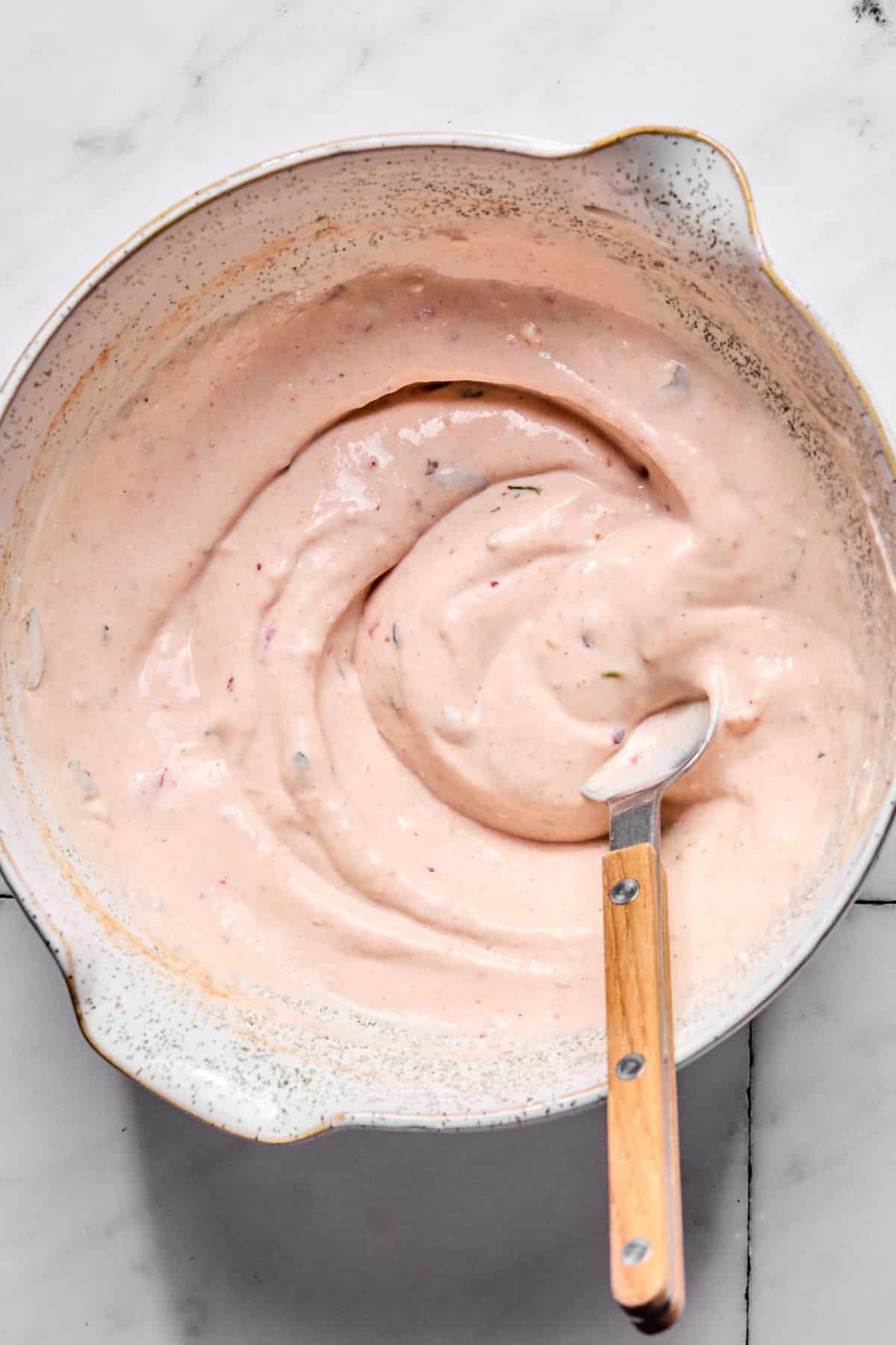 The sauce made in a bowl.