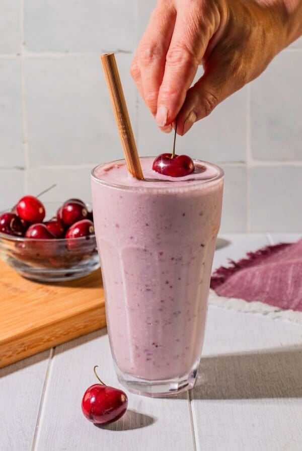 A cherry on top of the blended smoothie.
