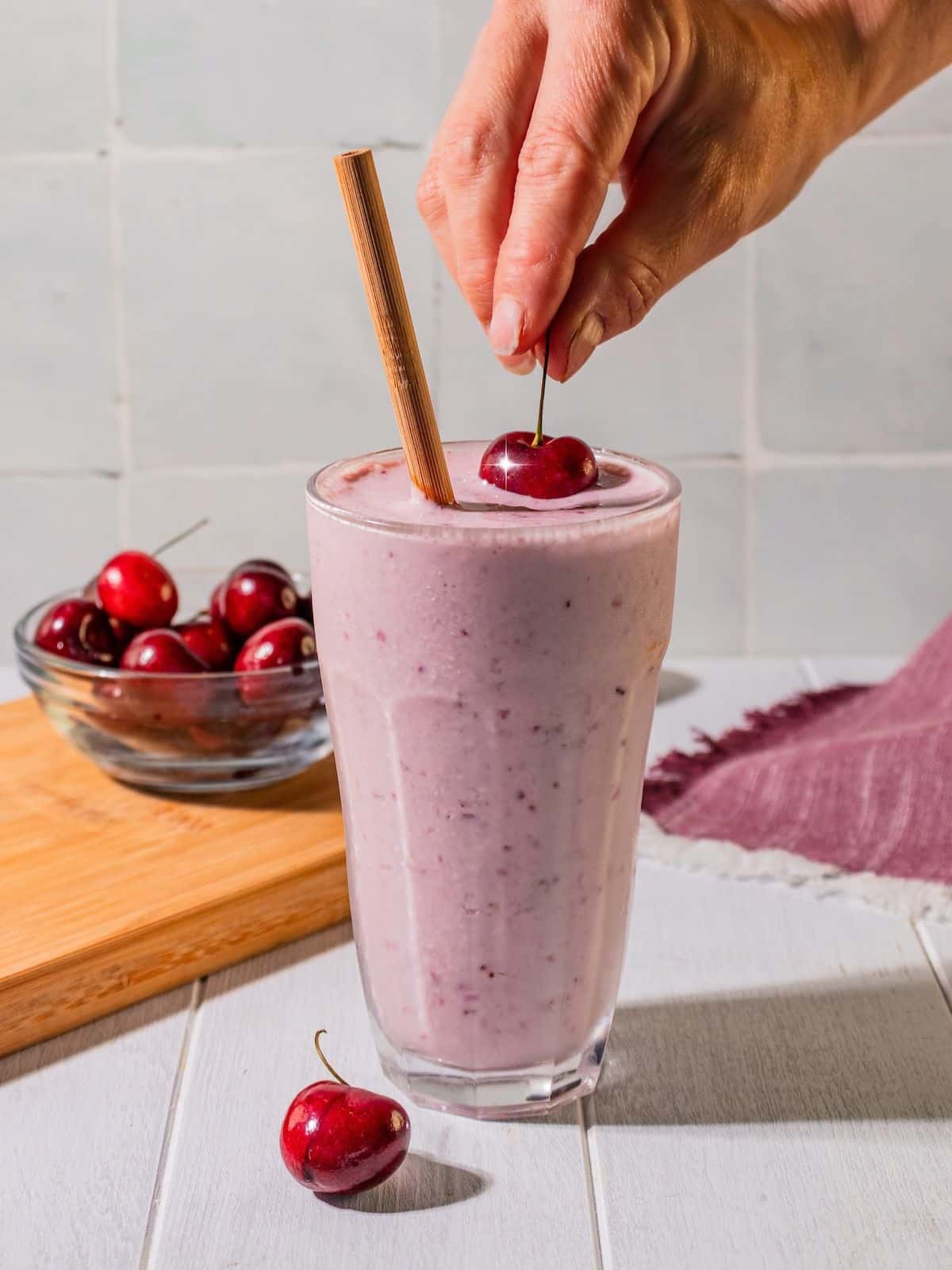 A cherry on top of the blended smoothie.
